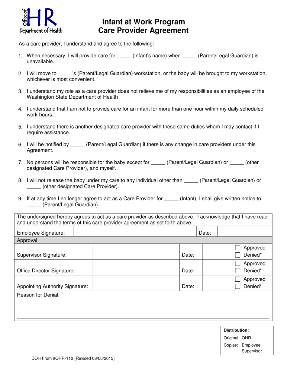 DOH Form #OHR-110 Care Provider Agreement - Infant at Work Program - Washington, Page 1
