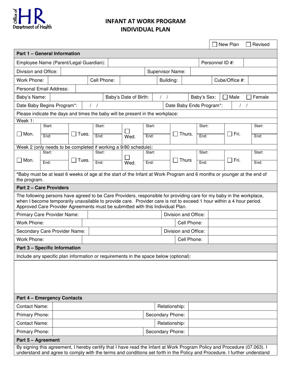 DOH Form #OHR-108 Individual Plan - Infant at Work Program - Washington, Page 1