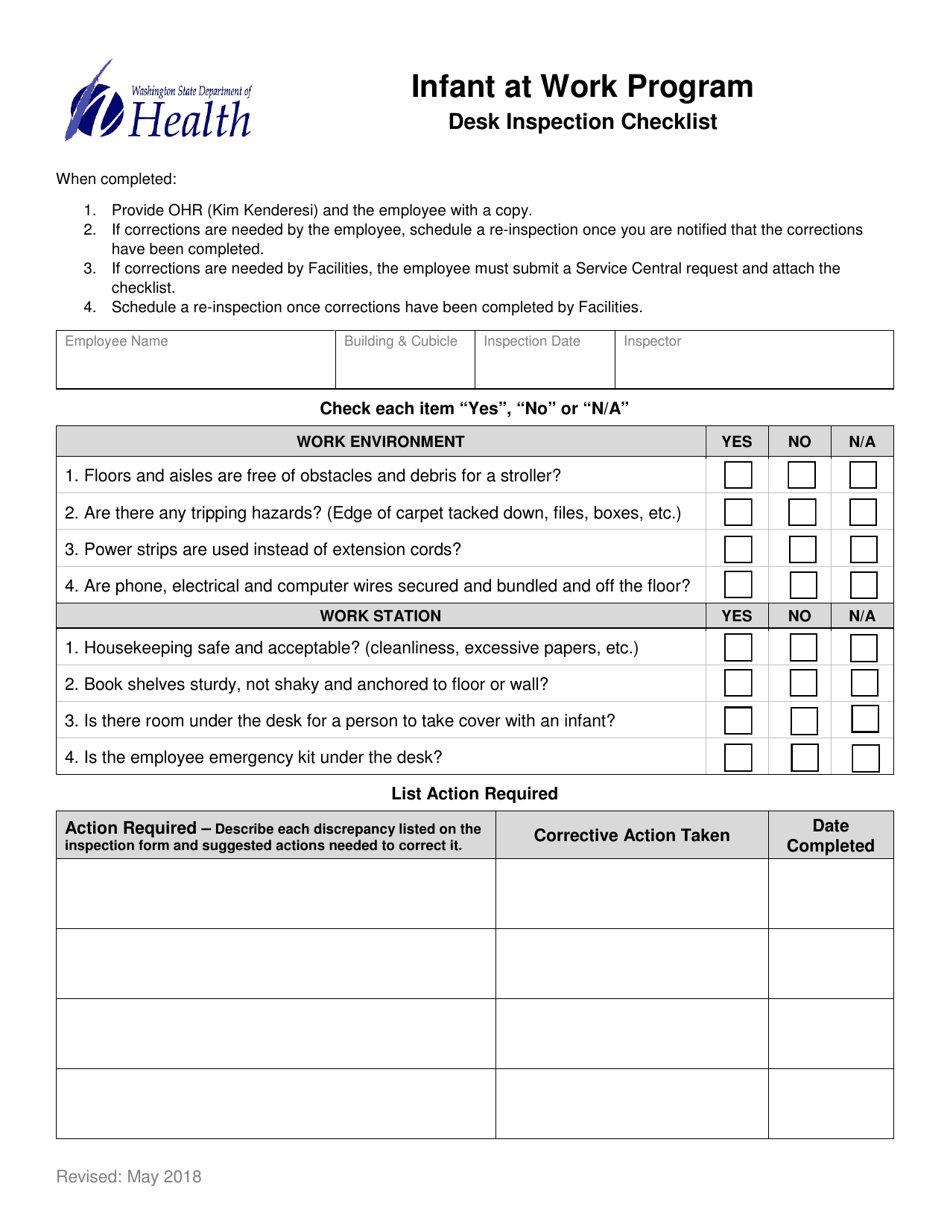 Washington Desk Inspection Checklist Infant at Work Program Fill