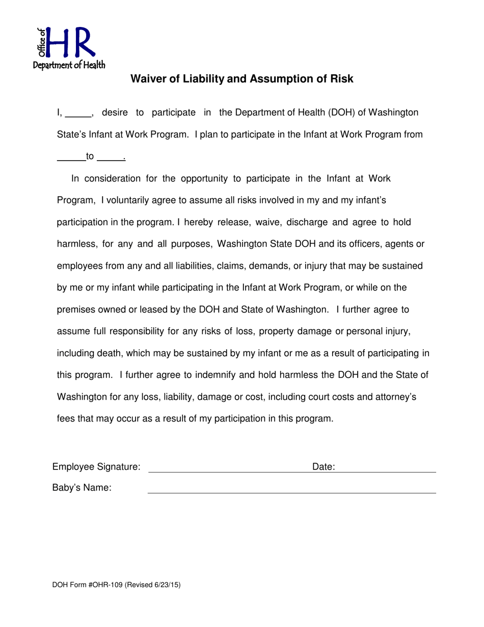 DOH Form #OHR-109 Waiver of Liability and Assumption of Risk - Washington, Page 1