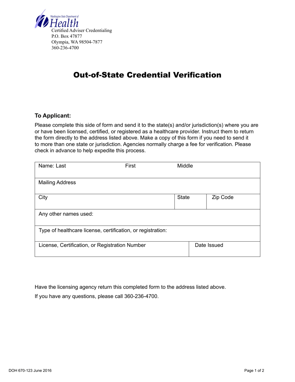 DOH Form 670-123 Certified Adviser Out-of-State Credential Verification - Washington, Page 1