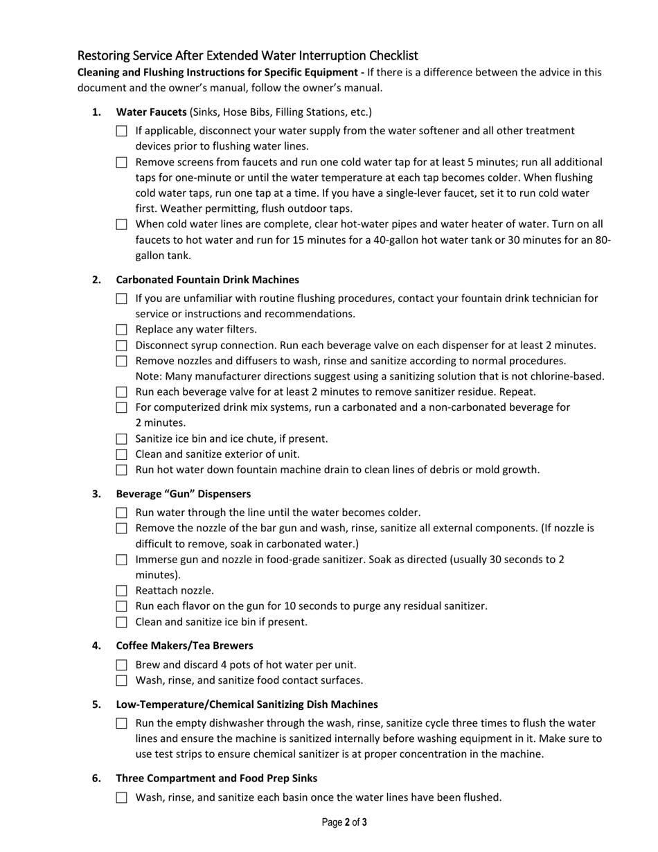 DOH Form 333-249 Restoring Service After Extended Water Interruption Guidelines for Food Establishments - Washington, Page 2