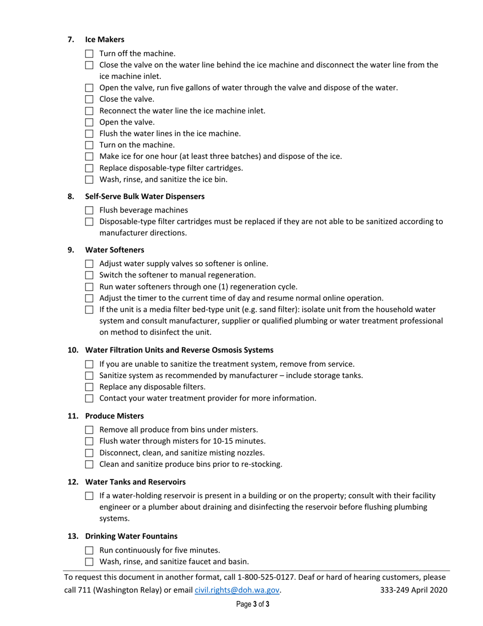 DOH Form 333-249 Restoring Service After Extended Water Interruption Guidelines for Food Establishments - Washington, Page 3