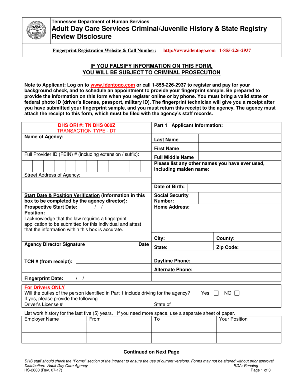 Form HS-2680 Adult Day Care Criminal / Juvenile History  State Registry Review Disclosure - Tennessee, Page 1