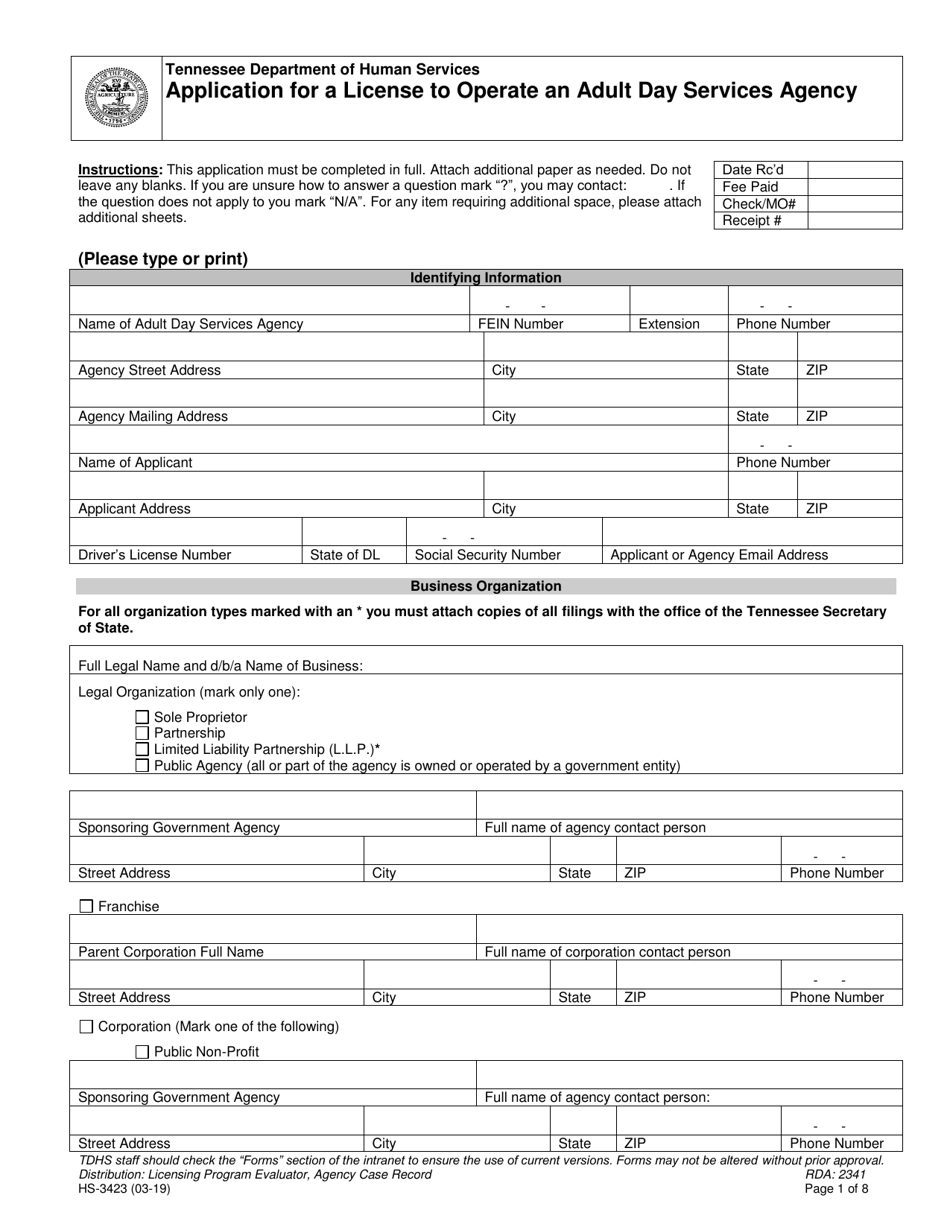 Form HS-3423 Application for a License to Operate an Adult Day Services Agency - Tennessee, Page 1