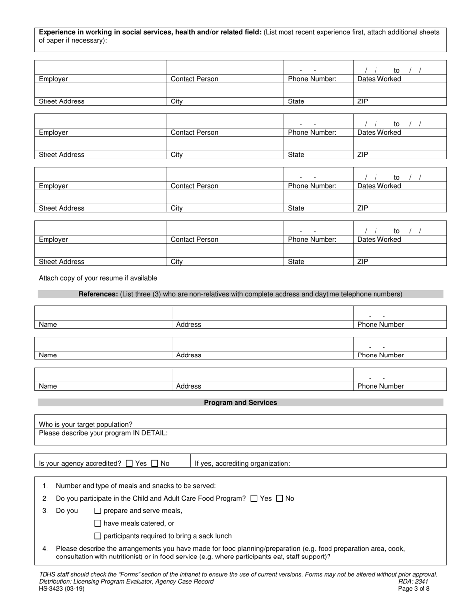 Form HS-3423 Application for a License to Operate an Adult Day Services Agency - Tennessee, Page 3