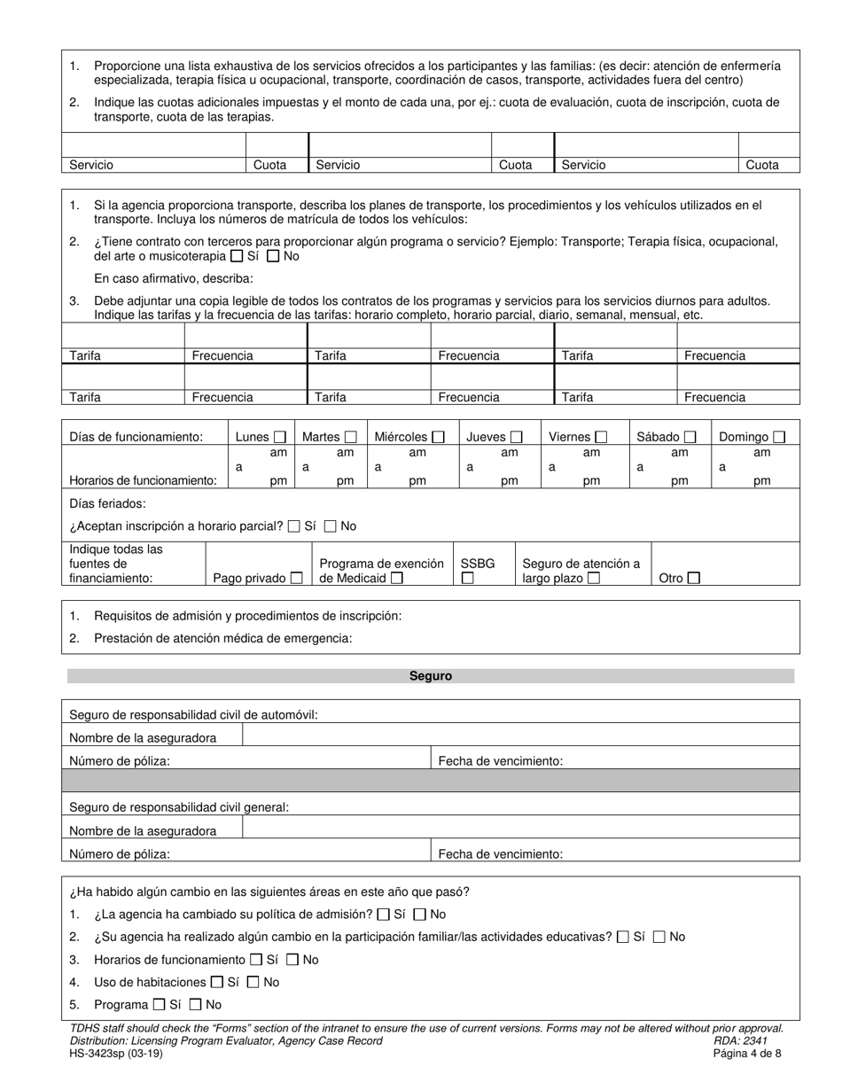 Formulario HS-3423SP Solicitud De Licencia Para Operar Una Agencia De Servicios Diurnos Para Adultos - Tennessee (Spanish), Page 4