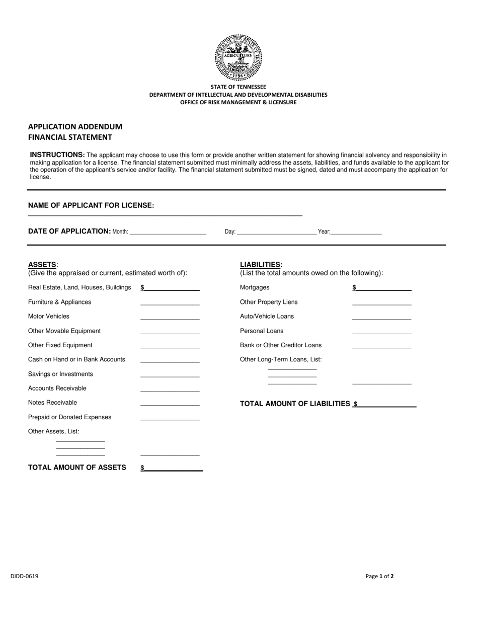 Form DIDD-0619 Application Addendum Financial Statement - Tennessee, Page 1