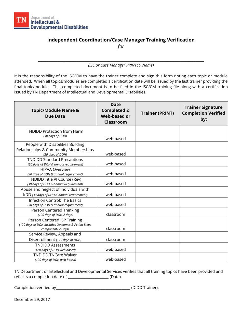 Independent Coordination / Case Manager Training Verification - Tennessee, Page 1