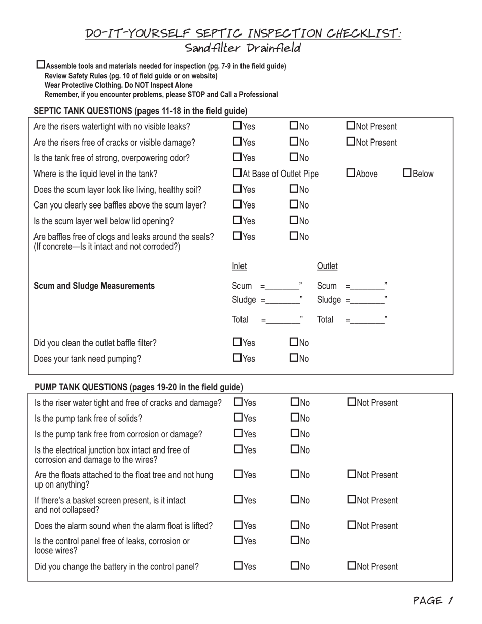 Do-It-Yourself Septic Inspection Checklist - Sandfilter Drainfield - Washington, Page 1