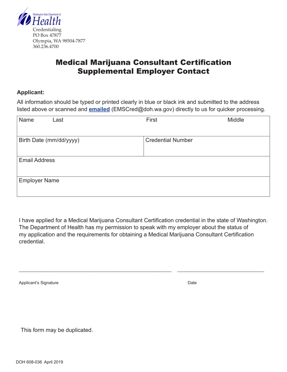 DOH Form 608-036 Medical Marijuana Consultant Certification Supplemental Employer Contact - Washington, Page 1