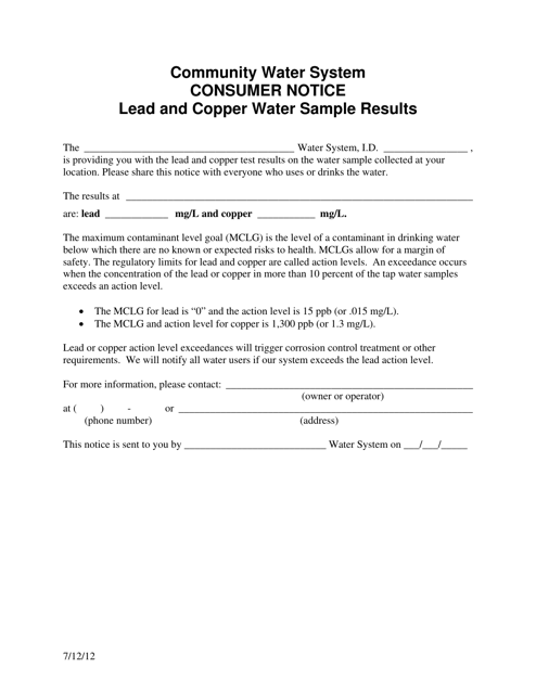 Consumer Notice - Lead and Copper Water Sample Results - Community Water System - Washington Download Pdf