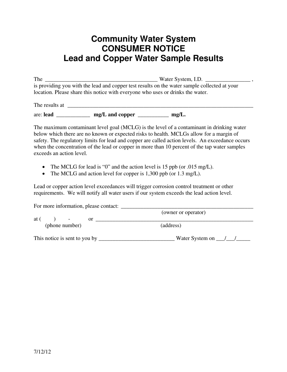 Consumer Notice - Lead and Copper Water Sample Results - Community Water System - Washington, Page 1