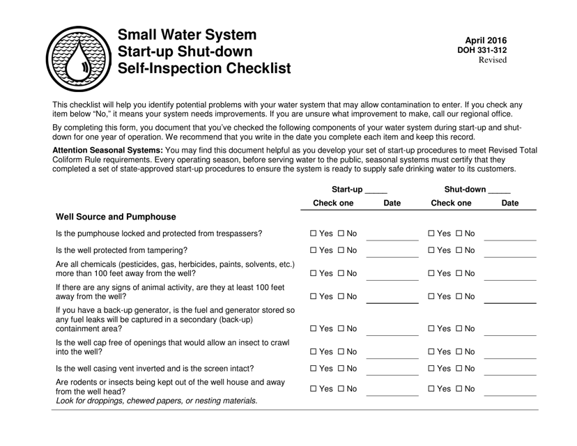 DOH Form 331-312 Small Water System Start-Up Shut-Down Self-inspection Checklist - Washington