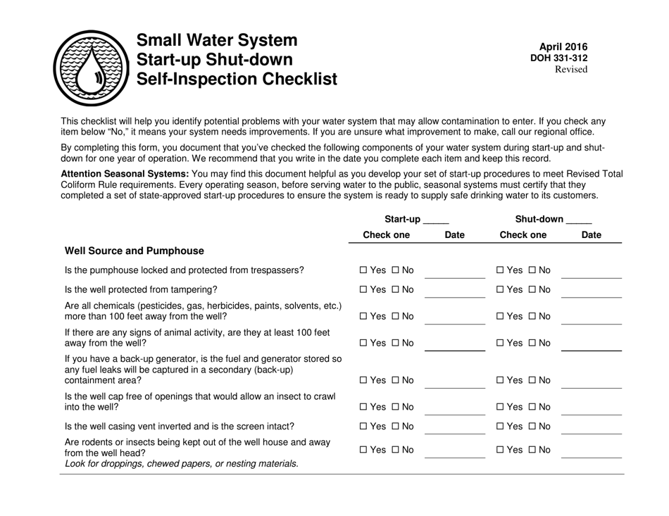DOH Form 331-312 Small Water System Start-Up Shut-Down Self-inspection Checklist - Washington, Page 1