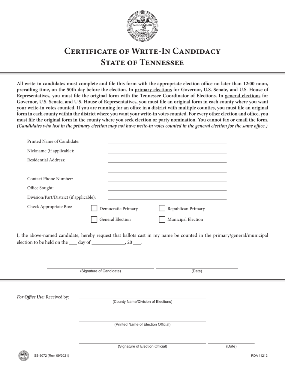 Form SS-3072 Certificate of Write-In Candidacy - Tennessee, Page 1