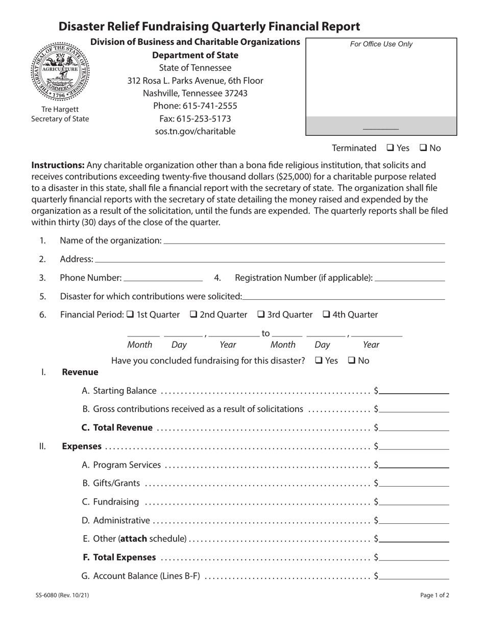 Form SS-6080 Disaster Relief Fundraising Quarterly Financial Report - Tennessee, Page 1