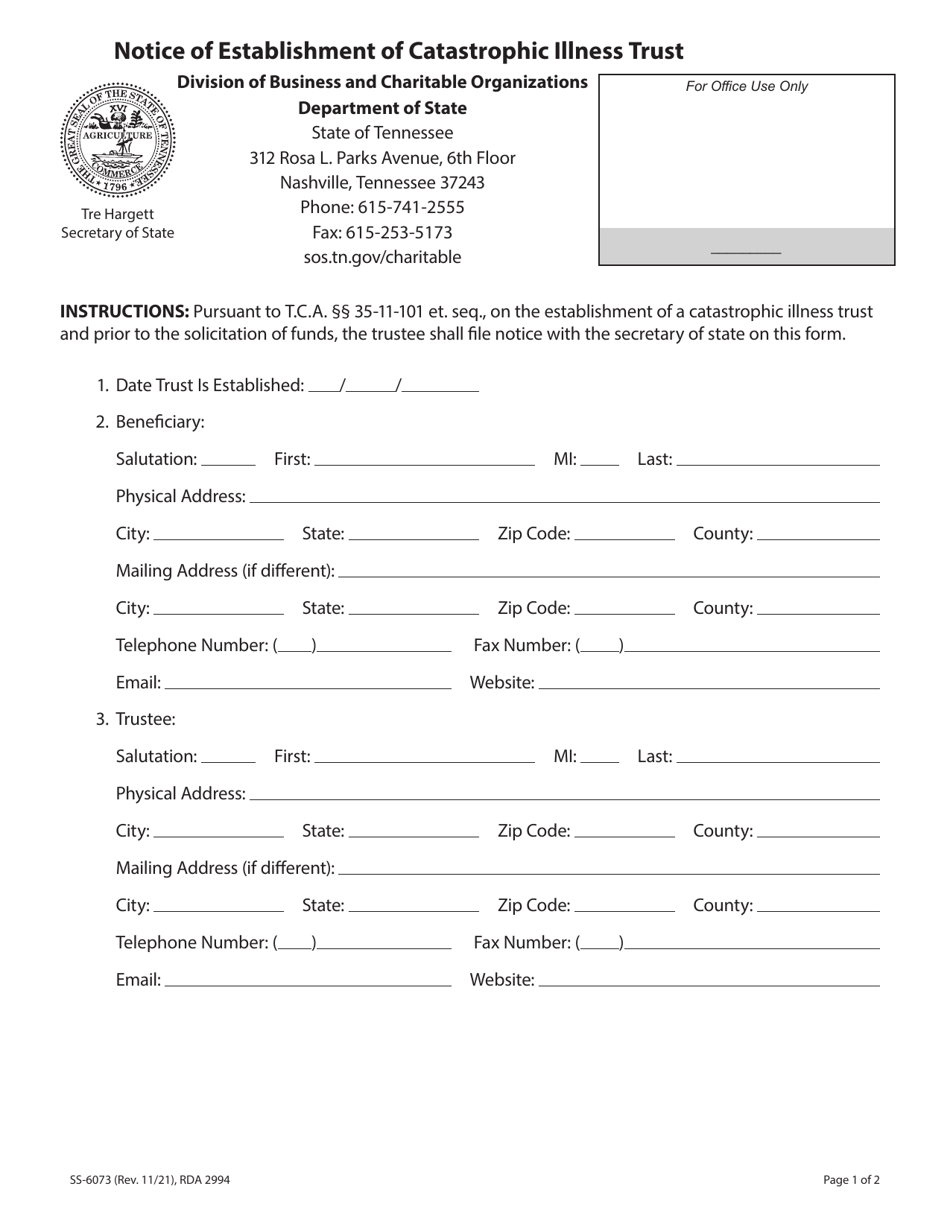 Form SS-6073 Notice of Establishment of Catastrophic Illness Trust - Tennessee, Page 1