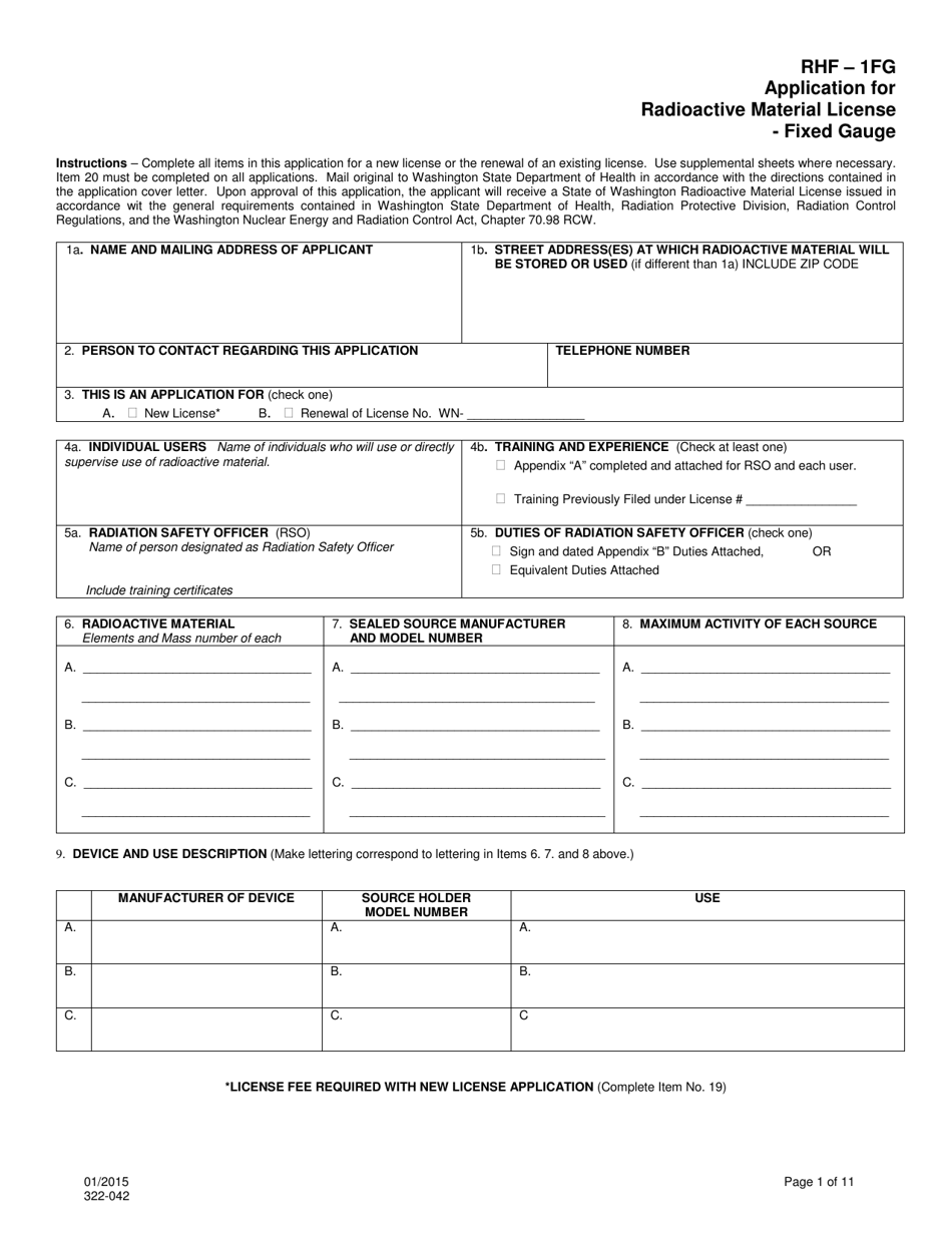 DOH Form 322-042 Application for Radioactive Material License - Fixed Gauge - Washington, Page 1