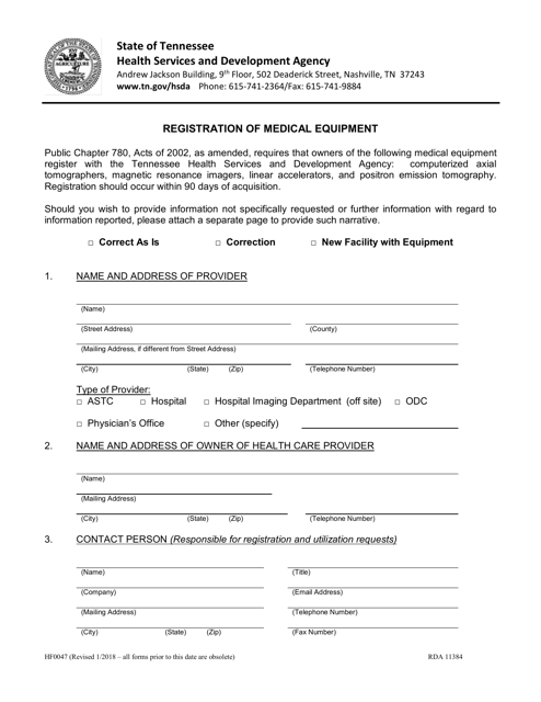 Form HF0047 Registration of Medical Equipment - Tennessee