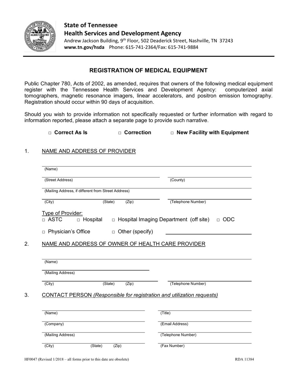 Form HF0047 Registration of Medical Equipment - Tennessee, Page 1