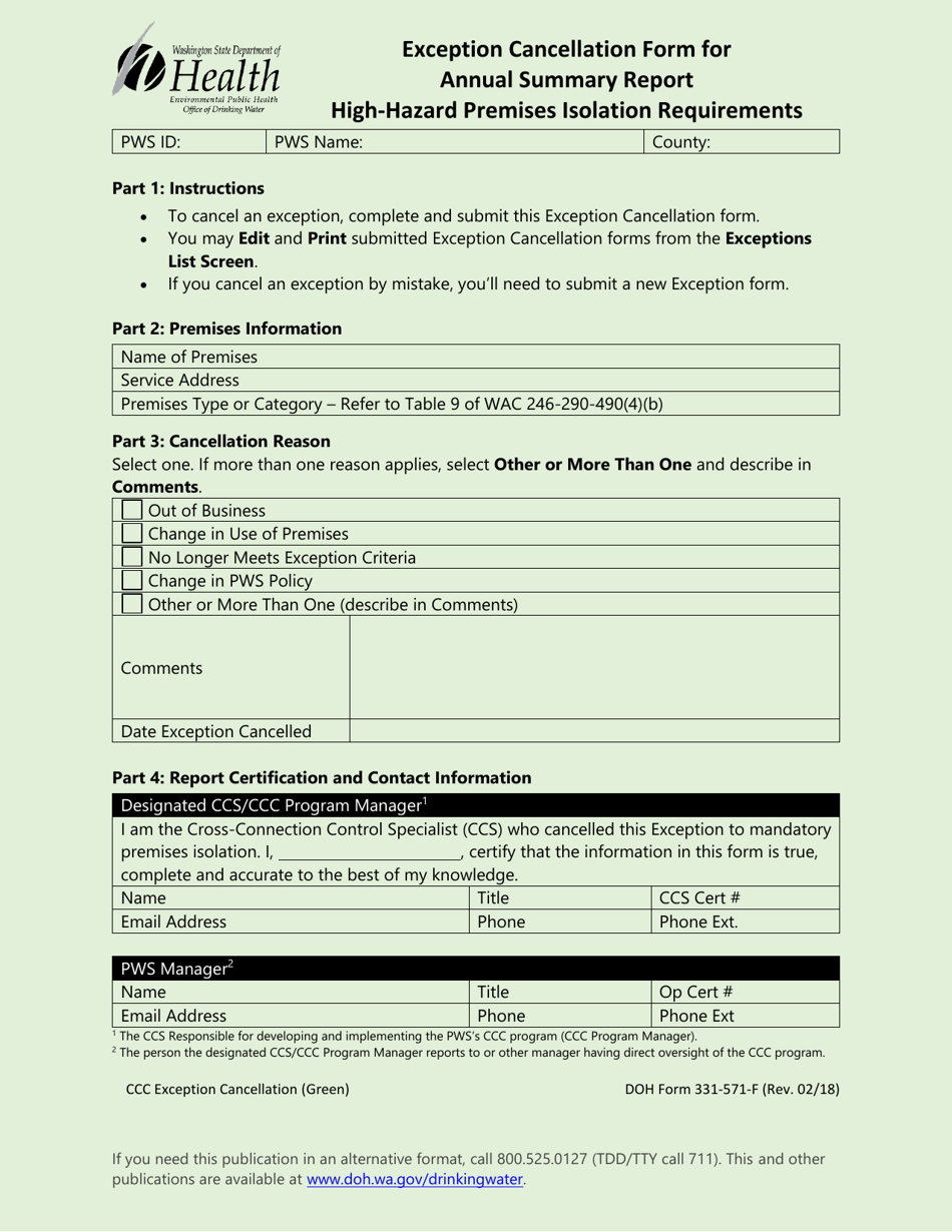DOH Form 331-571-F Exception Cancellation Form for Annual Summary Report - High-Hazard Premises Isolation Requirements - Washington, Page 1