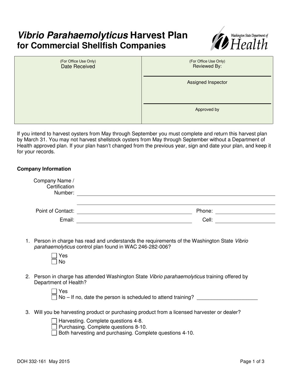 DOH Form 332-161 Vibrio Parahaemolyticus Harvest Plan for Commercial Shellfish Companies - Washington, Page 1