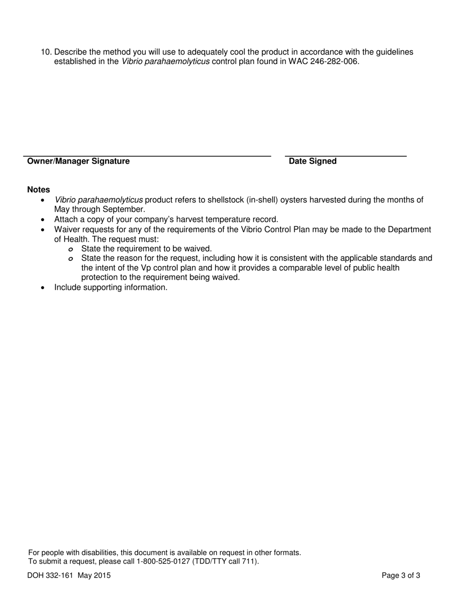 DOH Form 332-161 Vibrio Parahaemolyticus Harvest Plan for Commercial Shellfish Companies - Washington, Page 3