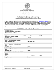 Document preview: Form HE-0015 Application for Change of Ownership and Request for Conditional Authorization - Tennessee