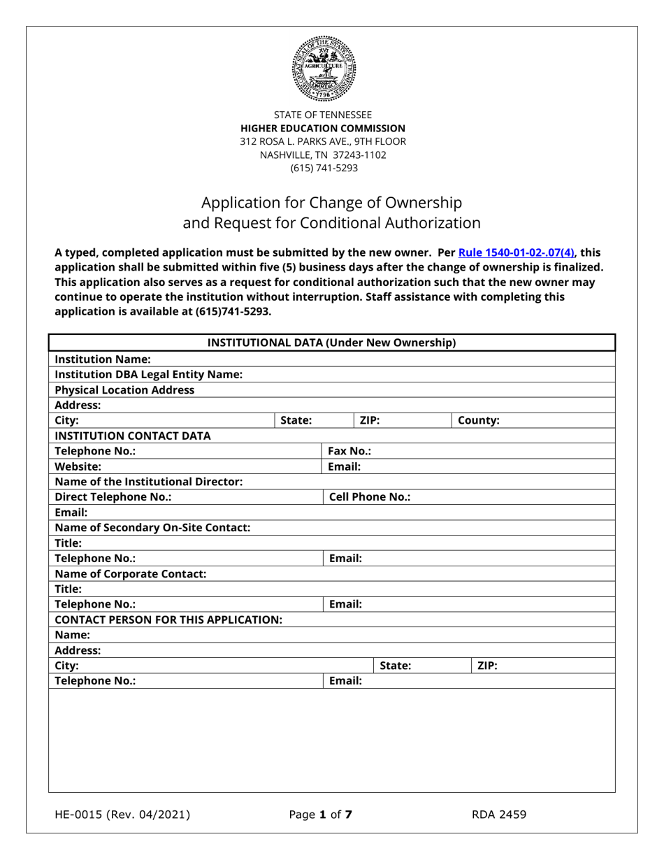 Form HE-0015 Application for Change of Ownership and Request for Conditional Authorization - Tennessee, Page 1