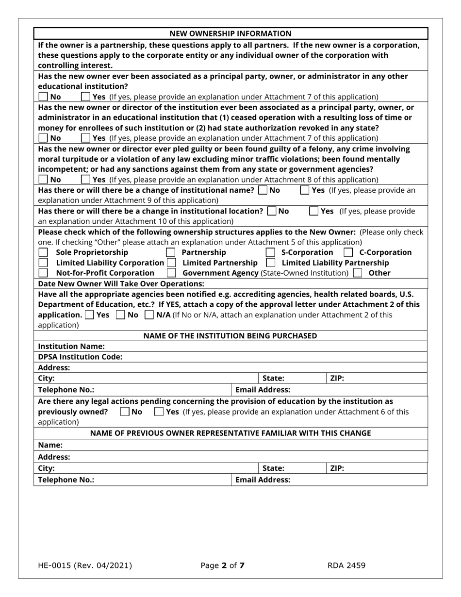 Form HE-0015 Application for Change of Ownership and Request for Conditional Authorization - Tennessee, Page 2