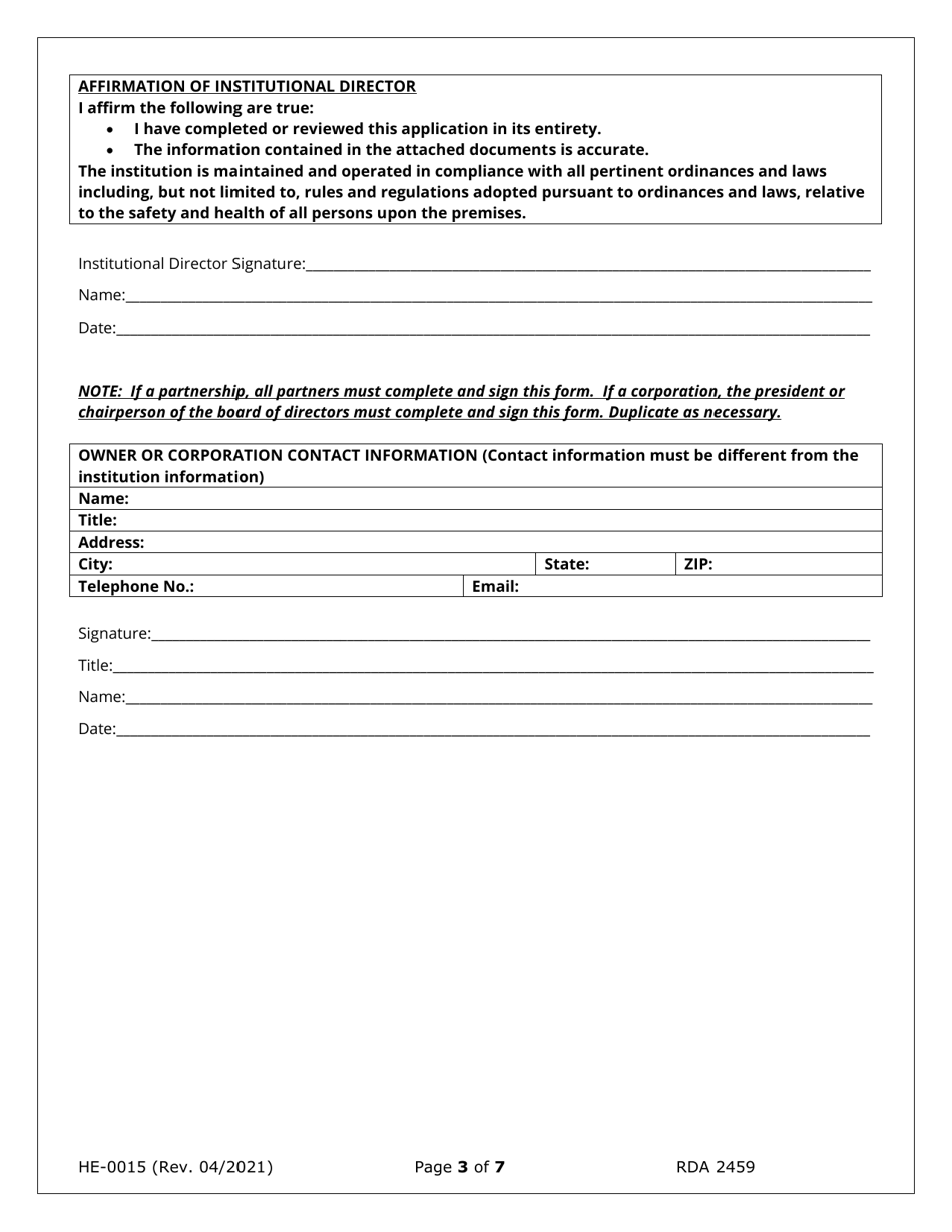 Form HE-0015 Application for Change of Ownership and Request for Conditional Authorization - Tennessee, Page 3