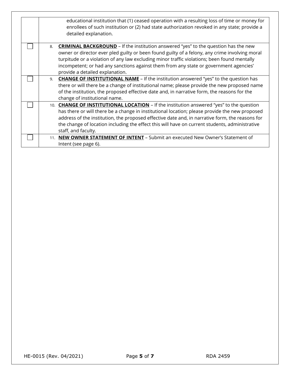 Form HE-0015 Application for Change of Ownership and Request for Conditional Authorization - Tennessee, Page 5