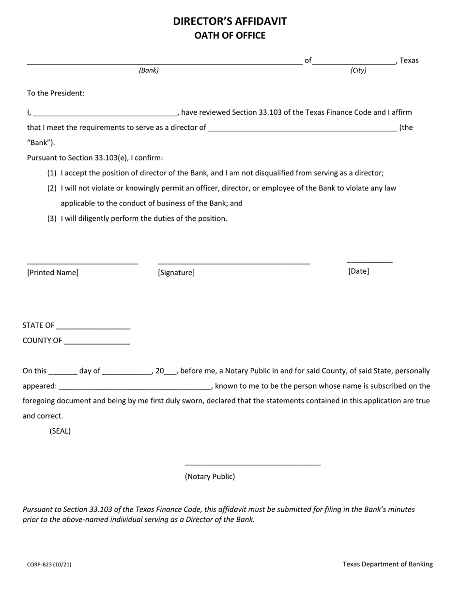 Form CORP-B23 Director's Affidavit - Oath of Office - Texas, Page 1