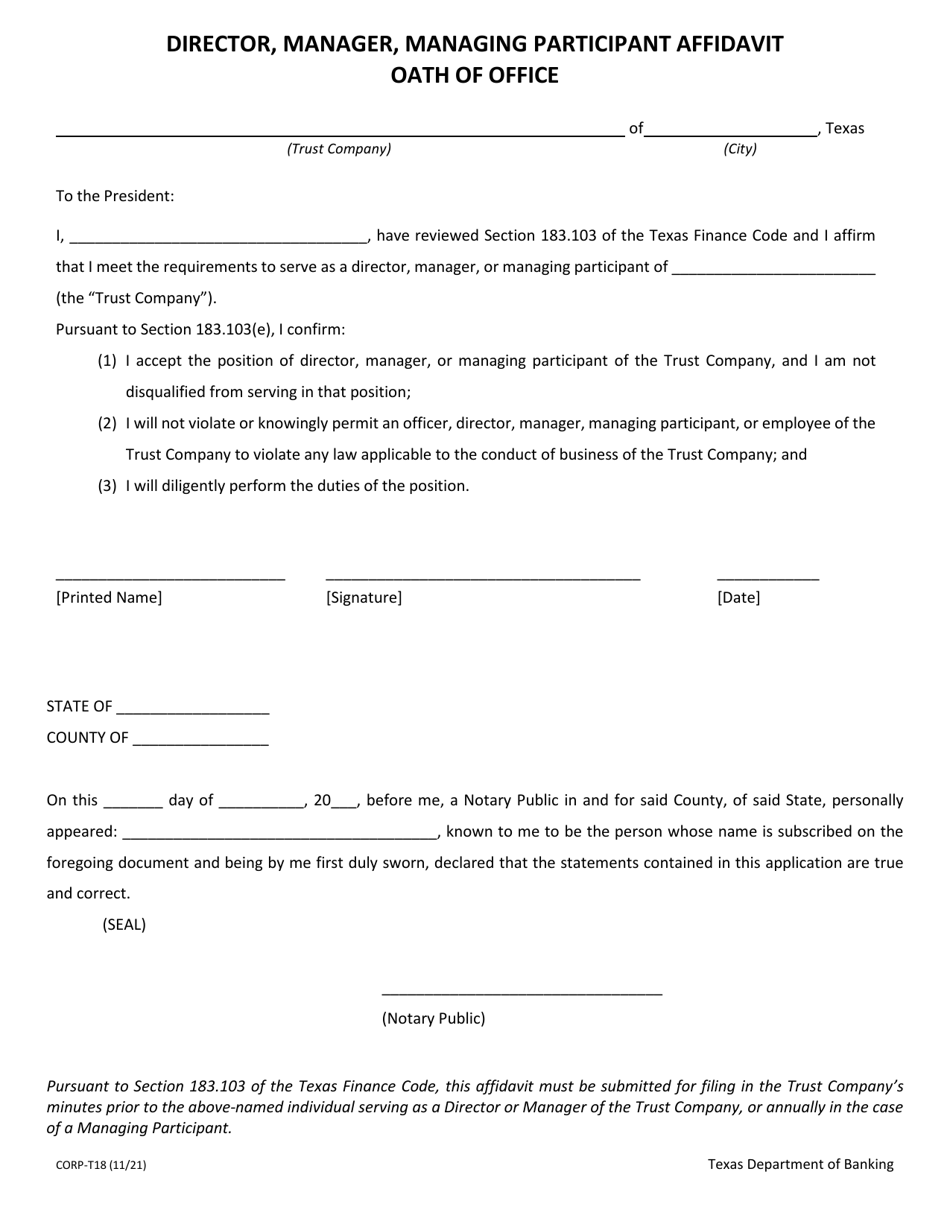 Form CORP-T18 Director, Manager, Managing Participant Affidavit - Oath of Office - Texas, Page 1