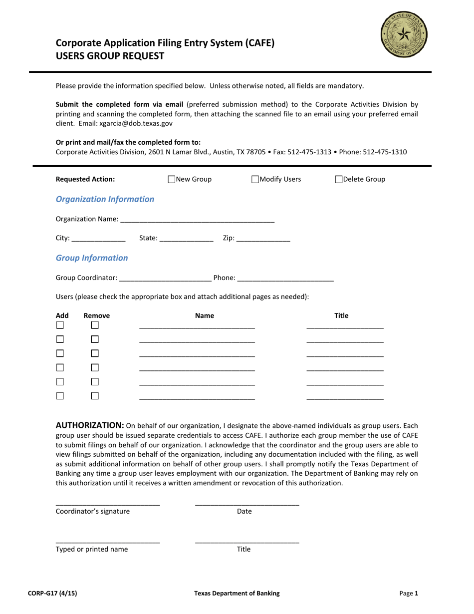 Form CORP-G17 Users Group Request - Corporate Application Filing Entry System (Cafe) - Texas, Page 1