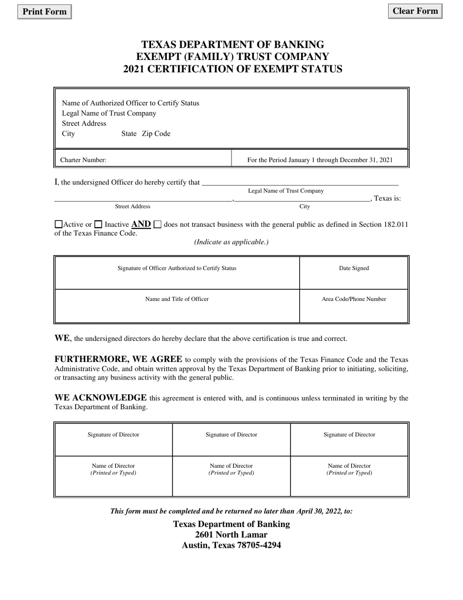 Exempt (Family) Trust Company Certification of Exempt Status - Texas, Page 1