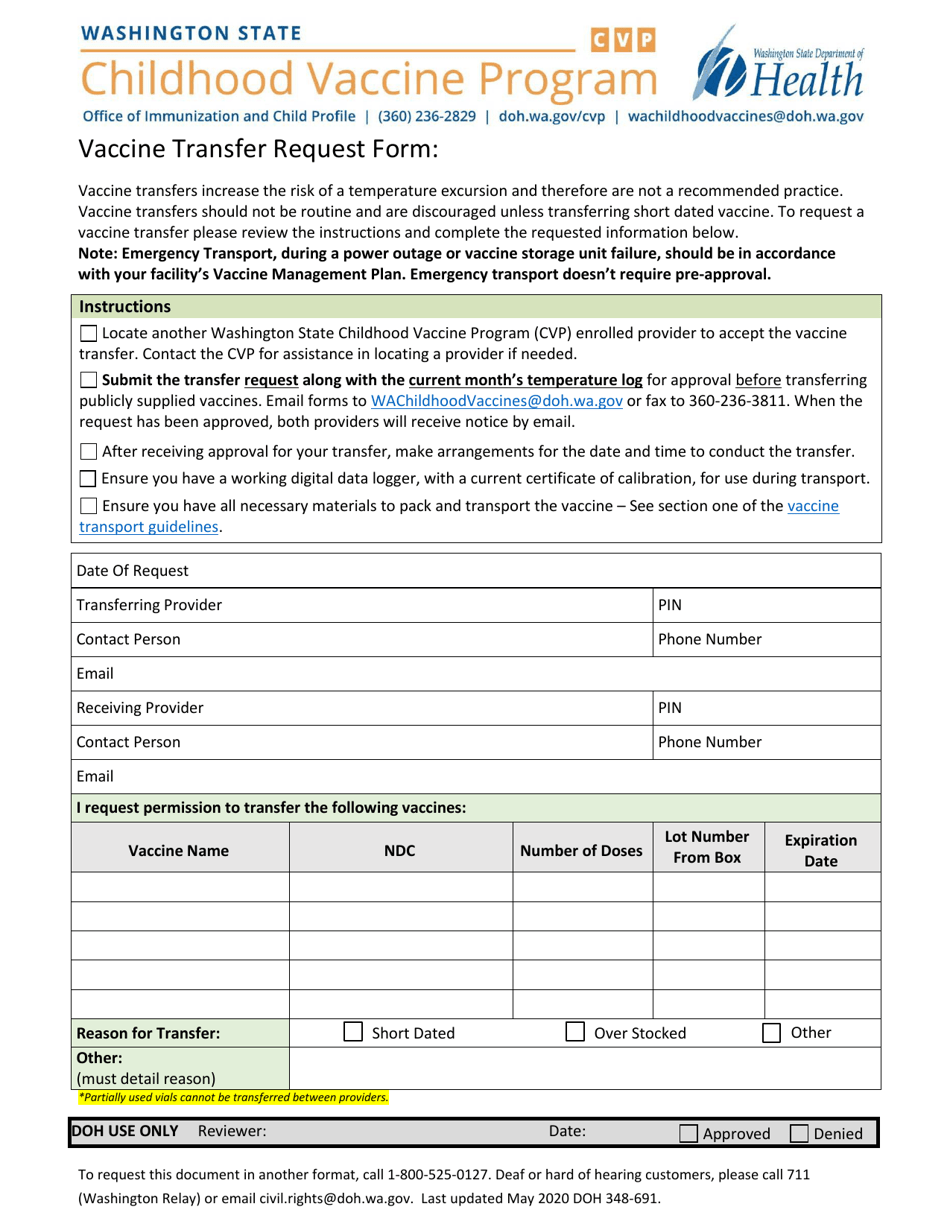 DOH Form 348-691 Vaccine Transfer Request Form - Childhood Vaccine Program - Washington, Page 1