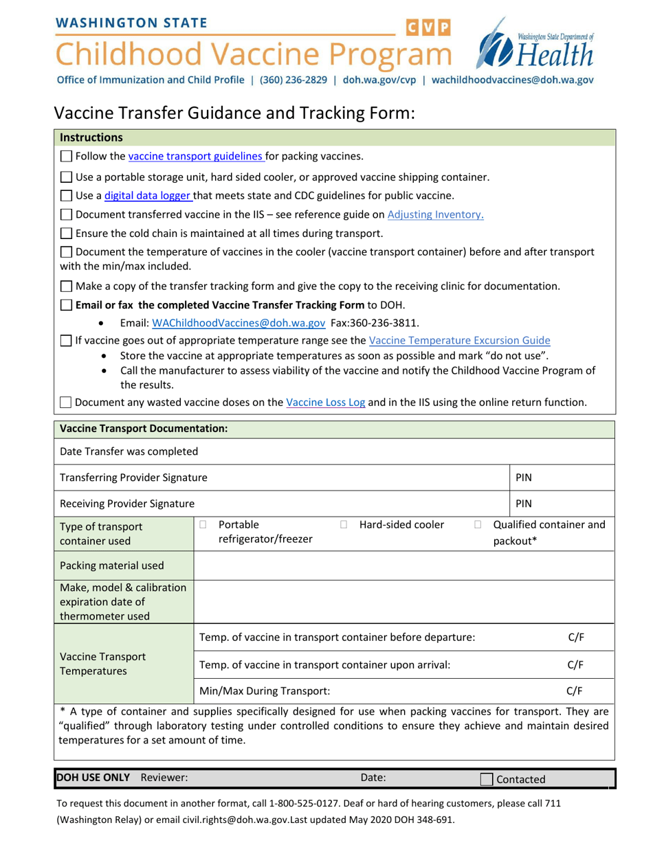 DOH Form 348-691 Vaccine Transfer Request Form - Childhood Vaccine Program - Washington, Page 2
