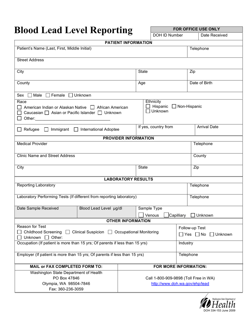 DOH Form 334-153 Blood Lead Level Reporting - Washington, Page 1