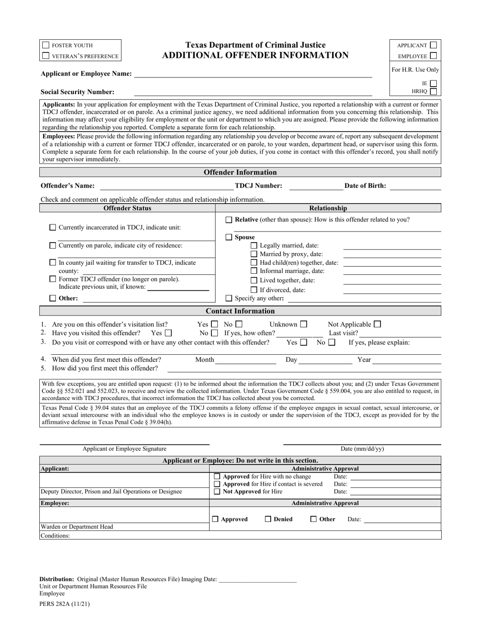 Form PERS282A Additional Offender Information - Texas, Page 1