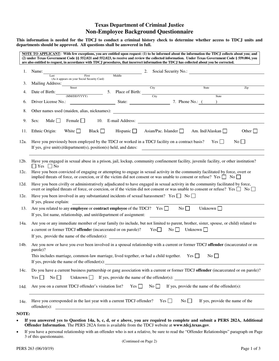 Form PERS263 Non-employee Background Questionnaire - Texas, Page 1