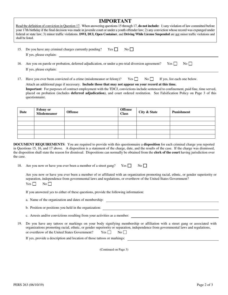 Form PERS263 Non-employee Background Questionnaire - Texas, Page 2