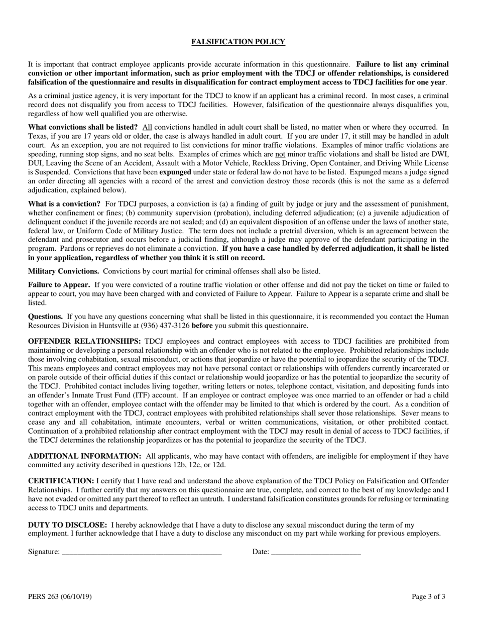 Form PERS263 Non-employee Background Questionnaire - Texas, Page 3