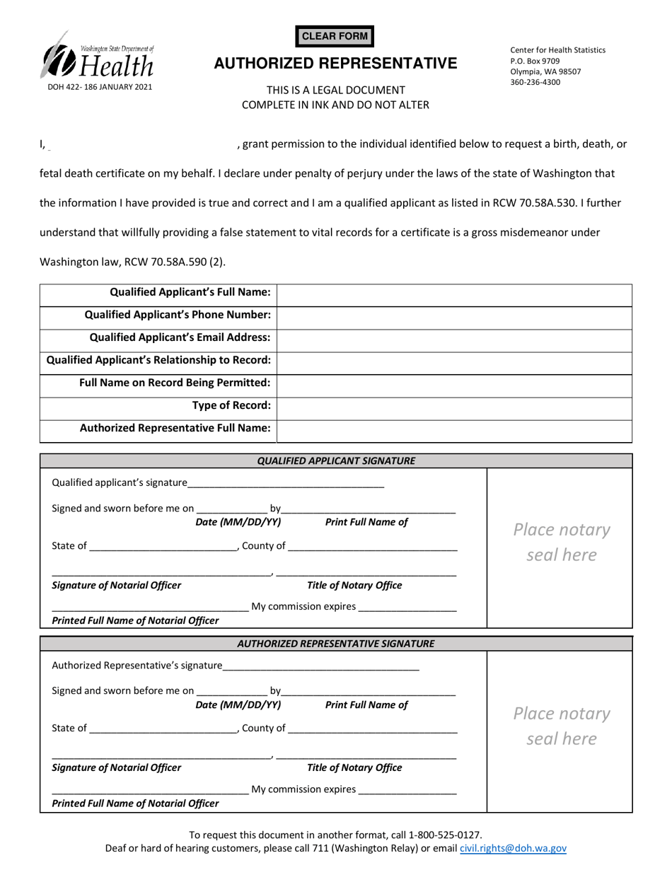 DOH Form 422-186 Authorized Representative - Washington, Page 3