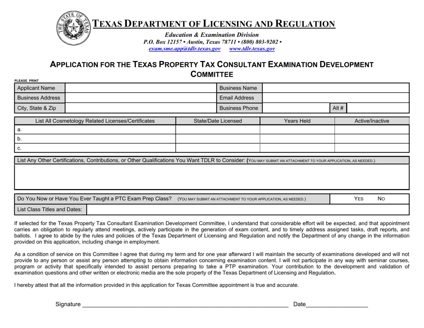 Application for the Texas Property Tax Consultant Examination Development Committee - Texas Download Pdf