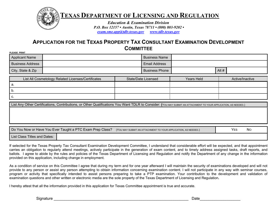 Application for the Texas Property Tax Consultant Examination Development Committee - Texas, Page 1