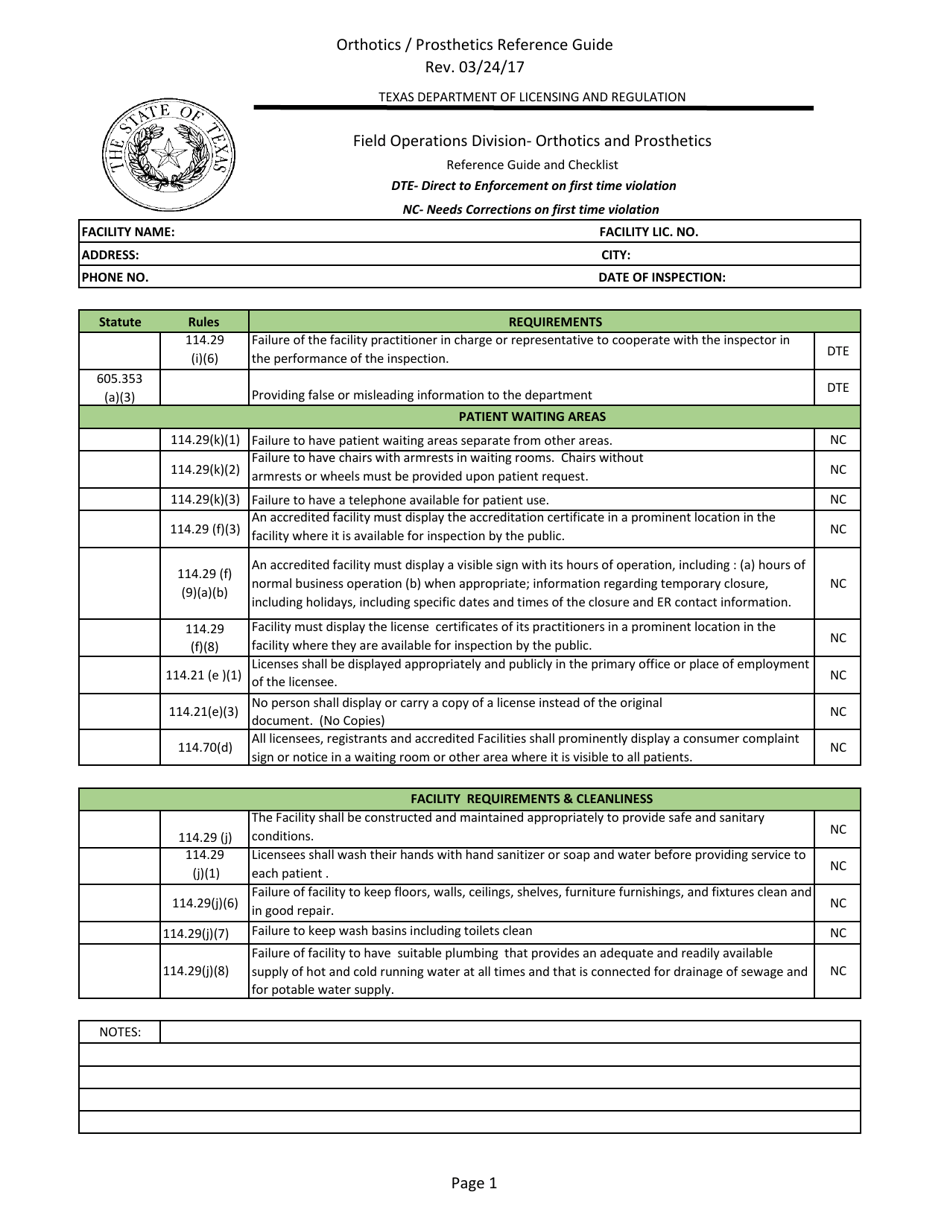 Orthotics / Prosthetics Reference Guide and Checklist - Texas, Page 1