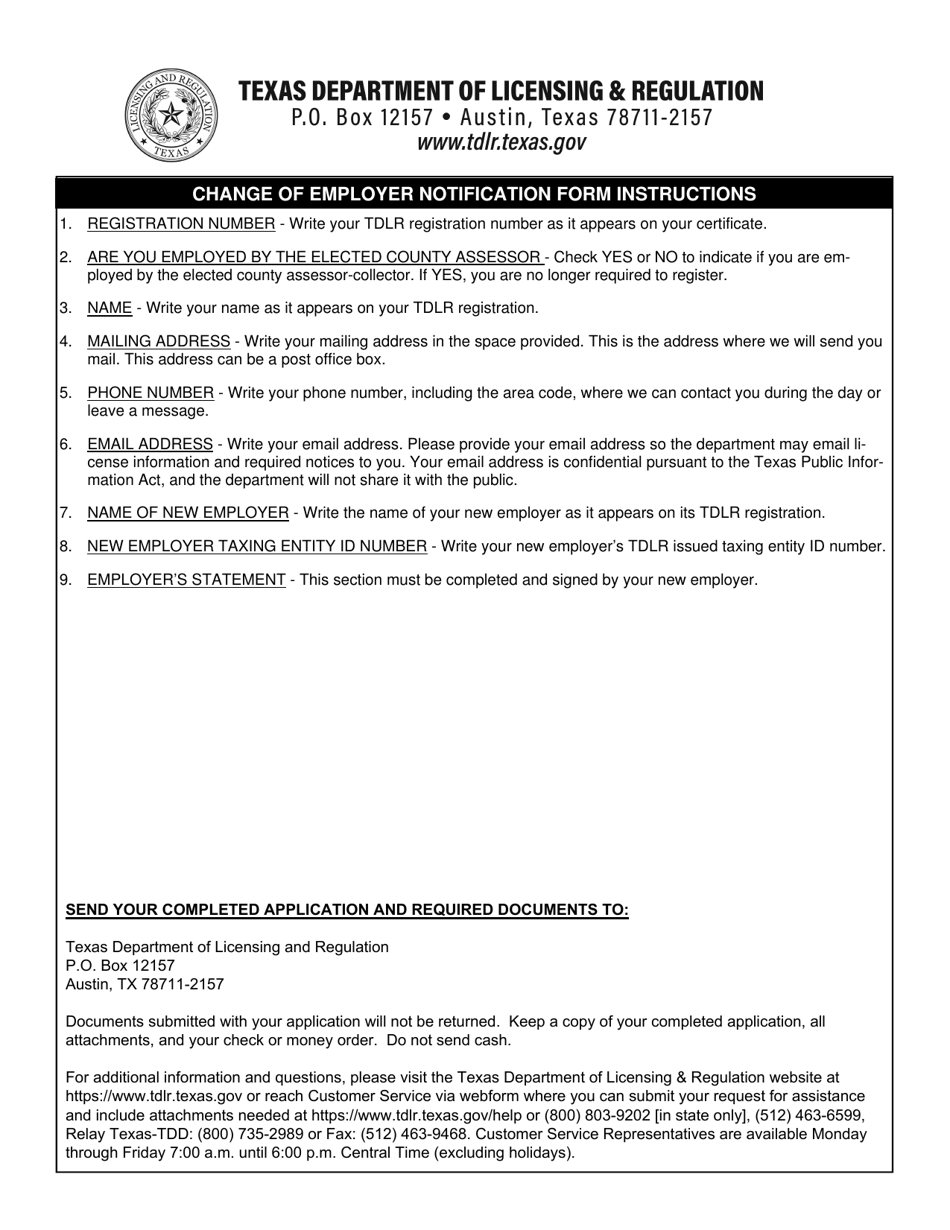 TDLR Form PTP006 Change of Employer Notification Form - Texas, Page 1