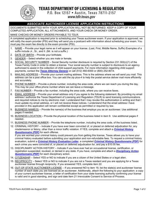 TDLR Form AUC005  Printable Pdf